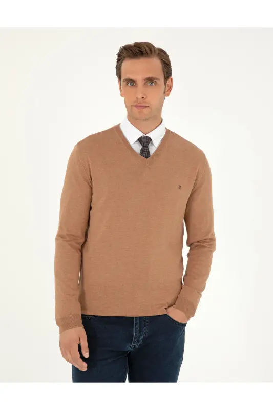 Camel Melanj Slim Fit V Yaka Basic Triko Kazak 50296622-VR122 - Camel Melanj - 3