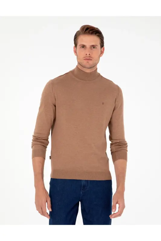 Camel Melanj Slim Fit Yarım Balıkçı Yaka Basic Triko Kazak 50296614-VR122-Camel Melanj - 1