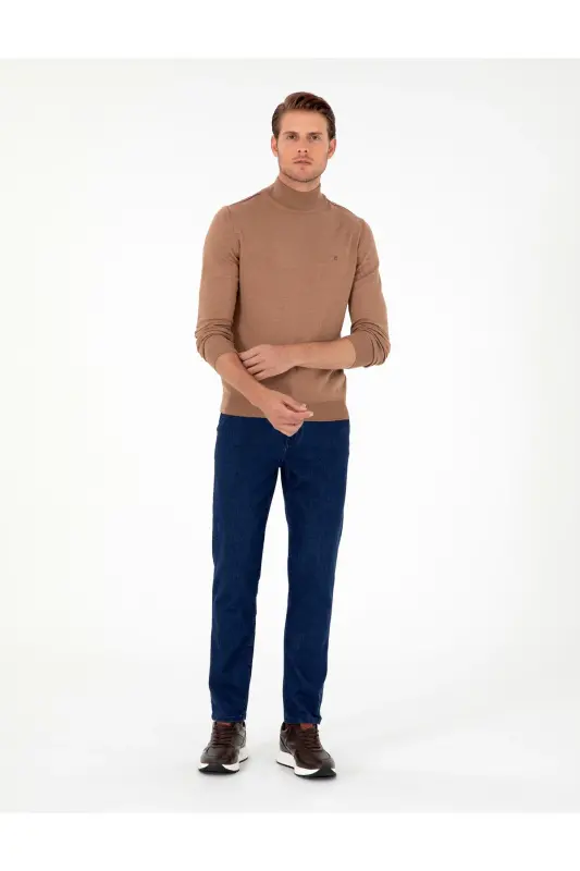 Camel Melanj Slim Fit Yarım Balıkçı Yaka Basic Triko Kazak 50296614-VR122-Camel Melanj - 4