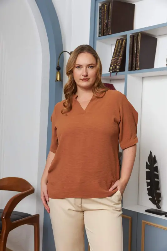 Camel Oversized Blouse with Cuff Detail - 1