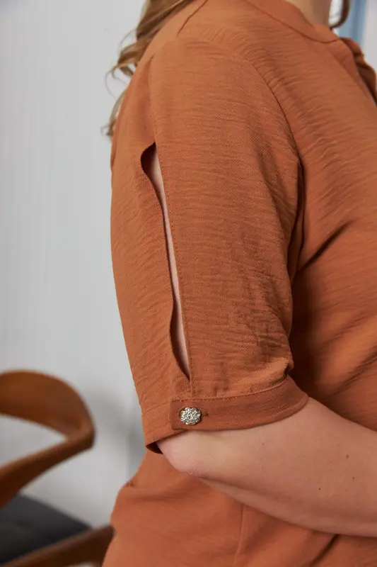 Camel Oversized Blouse with Cuff Detail - 6