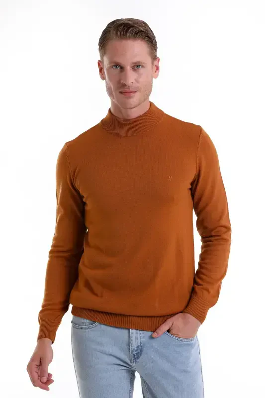 Camel Regular Fit Plain Turtleneck Knitwear Sweater - HATEMOĞLU