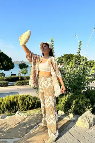 Camel Renk Desenli Ikili Kimono Takım ( Rahat Kalıp )-Camel - İPLI (1)