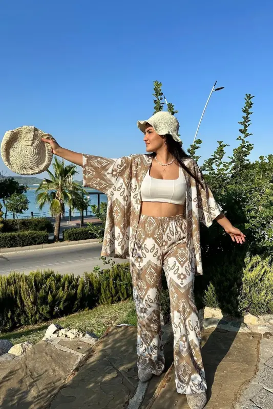 Camel Renk Desenli Ikili Kimono Takım ( Rahat Kalıp )-Camel - 1