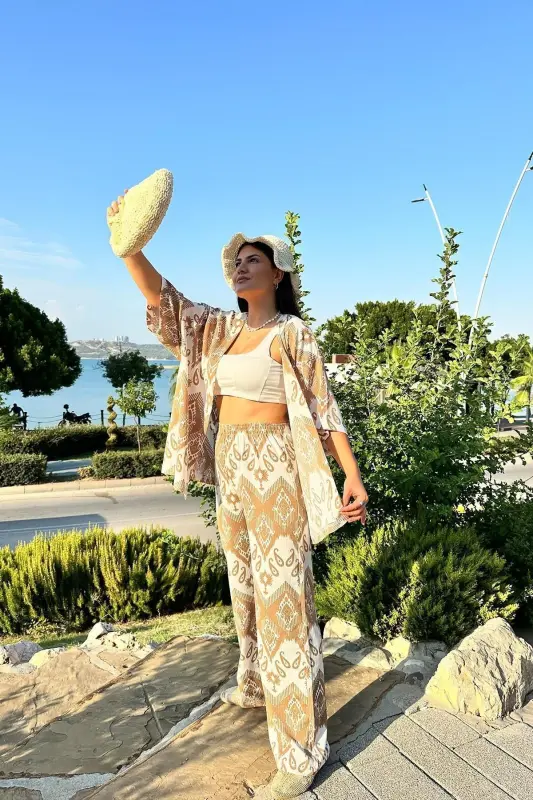 Camel Renk Desenli Ikili Kimono Takım ( Rahat Kalıp )-Camel - 2