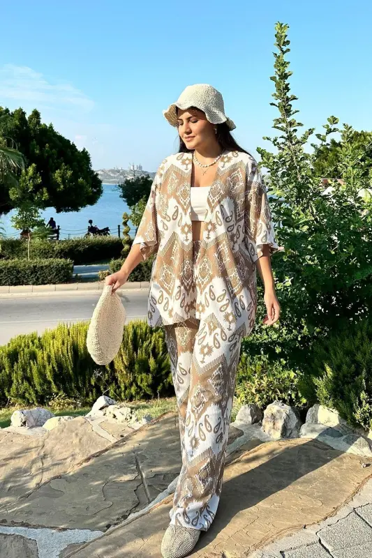 Camel Renk Desenli Ikili Kimono Takım ( Rahat Kalıp )-Camel - 3