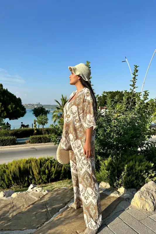 Camel Renk Desenli Ikili Kimono Takım ( Rahat Kalıp )-Camel - 4