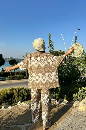Camel Renk Desenli Ikili Kimono Takım ( Rahat Kalıp )-Camel - 5
