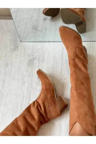 Camel Suede Western Style Below Knee High Women's Boots-CAMEL - SHOEBOURNE (1)