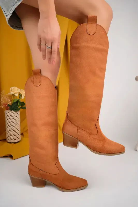 Camel Suede Western Style Below Knee High Women's Boots-CAMEL - SHOEBOURNE