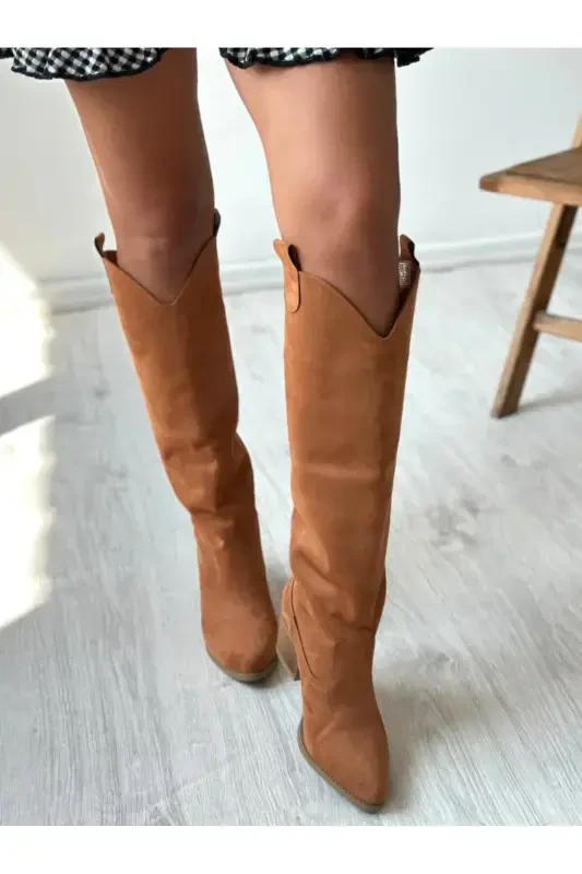Camel Suede Western Style Below Knee High Women's Boots-CAMEL - 2