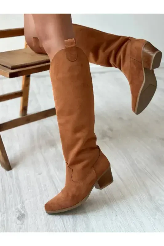 Camel Suede Western Style Below Knee High Women's Boots-CAMEL - 5