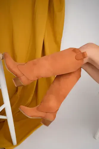 Camel Suede Western Style Below Knee High Women's Boots-CAMEL - 6