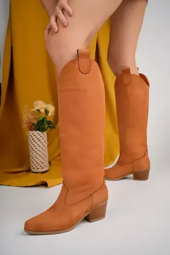 Camel Suede Western Style Below Knee High Women's Boots-CAMEL - 7