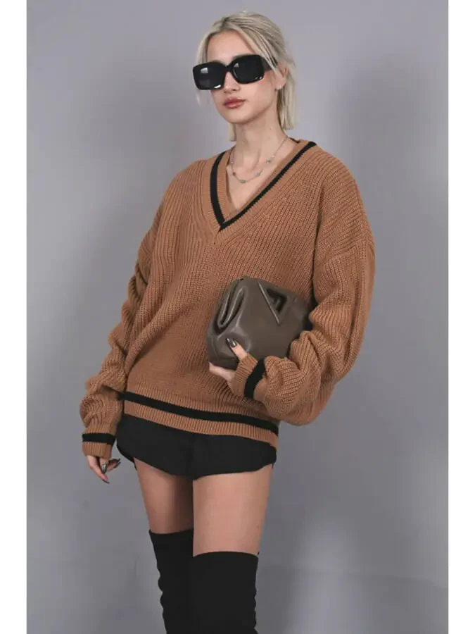 Camel V-Neck Knit Sweater MG1373 - 5