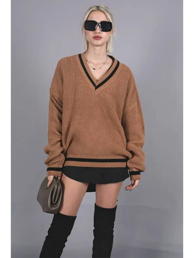 Camel V-Neck Knit Sweater MG1373 - 6