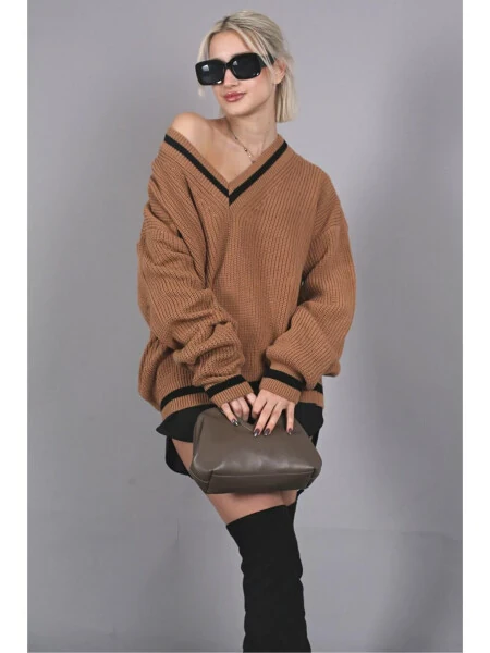 Camel V-Neck Knit Sweater MG1373 - 3