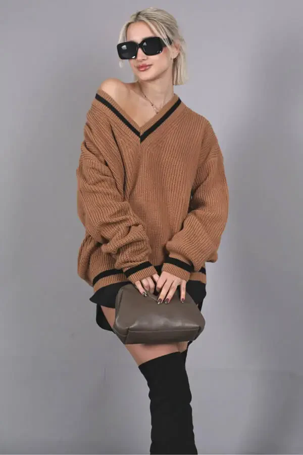 Camel V-Neck Knit Sweater MG1373 - 11
