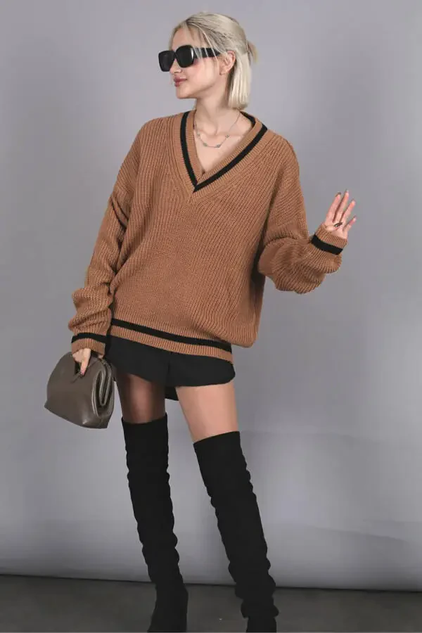 Camel V-Neck Knit Sweater MG1373 - 12