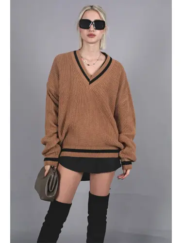 Camel V-Neck Knit Sweater MG1373 - 2