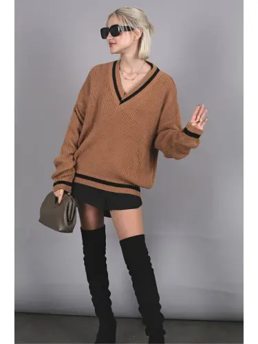 Camel V-Neck Knit Sweater MG1373 - 4