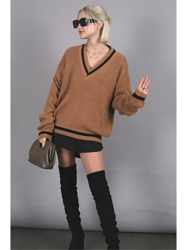 Camel V-Neck Knit Sweater MG1373 - 4