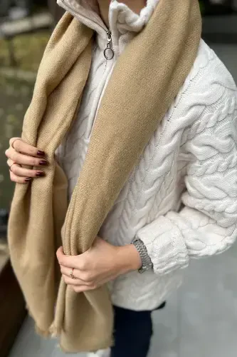 Camel Wool Textured Plain Scarf-Beige - NOVON (1)