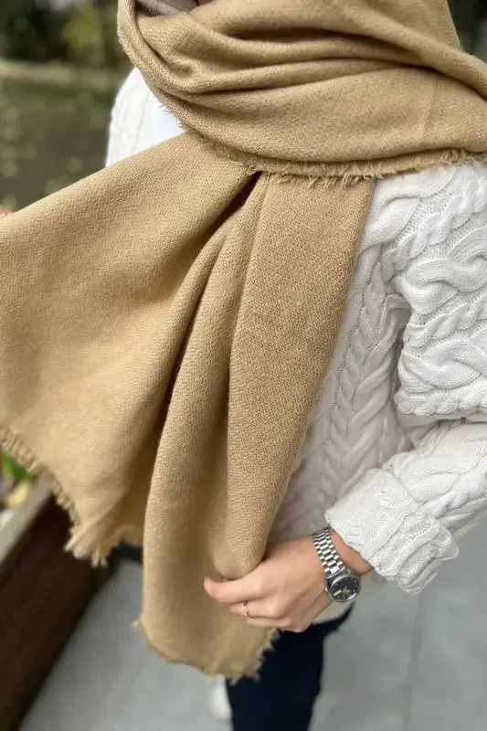 Camel Yün Dokulu Düz Atki-Bej - 3