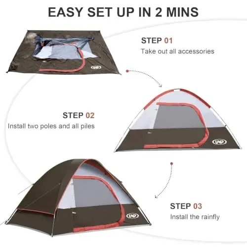 Camping Tent 2-4 Person Dome Tents | Waterproof Windproof Tent with Rainfly Easy Set up-Portable for Camping - 6
