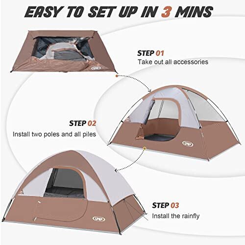 Camping Tent 2 Person, Waterproof Windproof Tent with Rainfly Easy Set up-Portable Dome Tents for Camping - 3