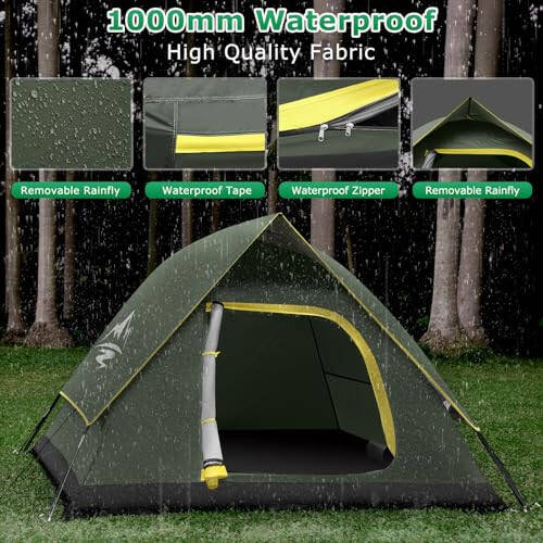 Camping Tent 2/3/4 Person Dome Tent, Windproof Waterproof Tent with Removable Rainfly & Carry Bag, Easy Set Up Backpacking Tents for Camping, Hiking or Beach - 2