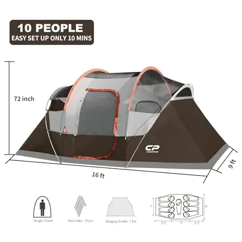 CAMPROS CP Camping Tent 10 Person Family Cabin Tent, 2 Room Water Resistant Waterproof Tent with Top Rainfly, 4 Large Mesh Windows, Double Layer, Easy Set Up, Portable with Carry Bag, 16ft x 9ft x72in - 2
