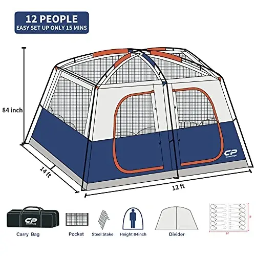CAMPROS CP Camping Tent 10/12 Person Cabin Tent, 2 Room Water Resistant | Waterproof Tent with Top Rainfly, 3 Large Mesh Windows, Double Layer, Easy Set Up, Portable with Carry Bag - 3