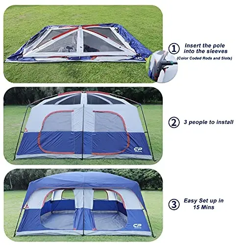 CAMPROS CP Camping Tent 10/12 Person Cabin Tent, 2 Room Water Resistant | Waterproof Tent with Top Rainfly, 3 Large Mesh Windows, Double Layer, Easy Set Up, Portable with Carry Bag - 6
