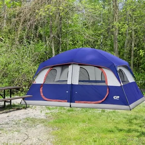 CAMPROS CP Camping Tent 10/12 Person Cabin Tent, 2 Room Water Resistant | Waterproof Tent with Top Rainfly, 3 Large Mesh Windows, Double Layer, Easy Set Up, Portable with Carry Bag - 1