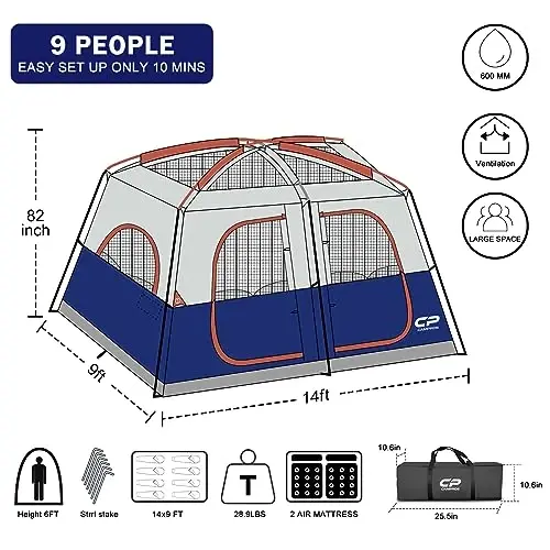 CAMPROS CP Camping Tent 10/12 Person Cabin Tent, 2 Room Water Resistant | Waterproof Tent with Top Rainfly, 3 Large Mesh Windows, Double Layer, Easy Set Up, Portable with Carry Bag - 2