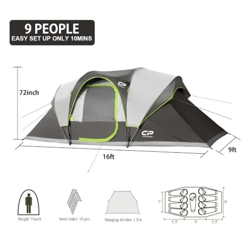 CAMPROS CP Camping Tent 10/12 Person Cabin Tent, 2 Room Water Resistant | Waterproof Tent with Top Rainfly, 3 Large Mesh Windows, Double Layer, Easy Set Up, Portable with Carry Bag - 2