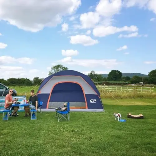 CAMPROS CP Camping Tent 2/4/6 kishilik, suv o'tkazmaydigan va shamolga chidamli ikki qavatli gumbazli chodir, ochiq havoda lager va hovlida foydalanish uchun katta to'rli derazalar va keng eshik bilan oson o'rnatiladi. - 4