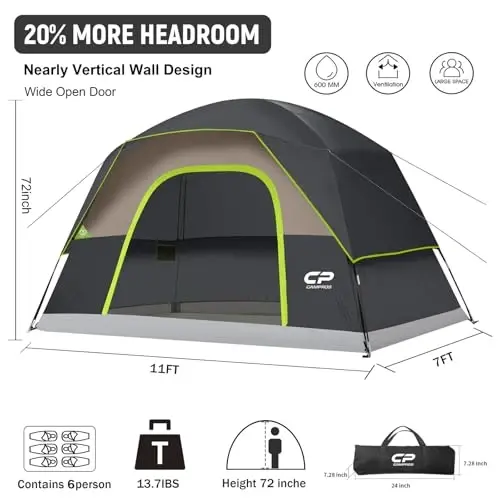 CAMPROS CP Camping Tent 2/4/6 kishilik, suv o'tkazmaydigan va shamolga chidamli ikki qavatli gumbazli chodir, ochiq havoda lager va hovlida foydalanish uchun katta to'rli derazalar va keng eshikli oson o'rnatiladigan chodir - CAMPROS CP (1)