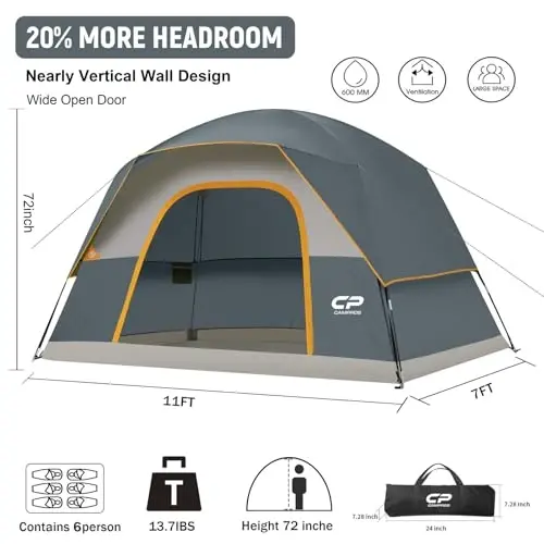 CAMPROS CP Camping Tent 2/4/6 kishilik, suv o'tkazmaydigan va shamolga chidamli ikki qavatli gumbazli chodir, ochiq havoda lager va hovlida foydalanish uchun katta to'rli derazalar va keng eshikli, oson o'rnatiladigan chodir - CAMPROS CP (1)