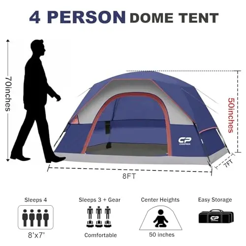 CAMPROS CP Camping uchun chodirlar 2/4/6 kishilik chodir Suv o'tkazmaydigan Shamolga chidamli Ikki qatlamli camping chodiri, Katta to'rli derazalar va kengroq eshikli oson o'rnatiladigan gumbaz chodir Ochiq havoda camping va sayr qilish uchun - 2