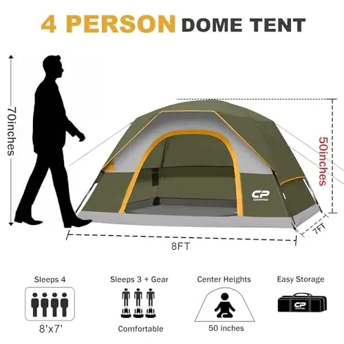 CAMPROS CP Camping uchun chodirlar 2/4/6 kishilik chodir Suv o'tkazmaydigan Shamolga chidamli Ikki qavatli Camping chodiri, Katta to'rli derazalar va tashqi chodir va sayr qilish uchun kengroq eshik bilan oson o'rnatiladigan gumbaz chodir - 2