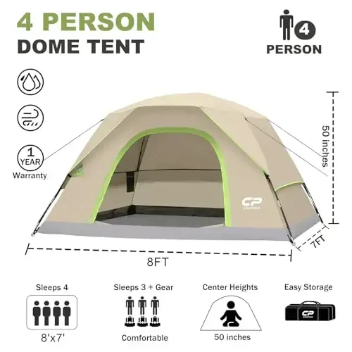 CAMPROS CP Camping uchun chodirlar 2/4/6 kishilik chodir suv o'tkazmaydigan shamolga chidamli ikki qavatli chodir, oson o'rnatiladigan gumbaz chodir, katta to'rli derazalar va ochiq havoda dam olish va sayohat qilish uchun kengroq eshik - 2