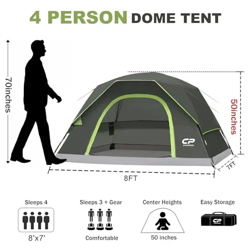 CAMPROS CP Camping uchun chodirlar 2/4/6 kishilik chodir Suv o'tkazmaydigan Shamolga chidamli Ikki qavatli chodir, Oson o'rnatiladigan gumbazli chodir, Katta to'rli derazalar va Ochiq havoda dam olish va sayr qilish uchun kengroq eshik - 2