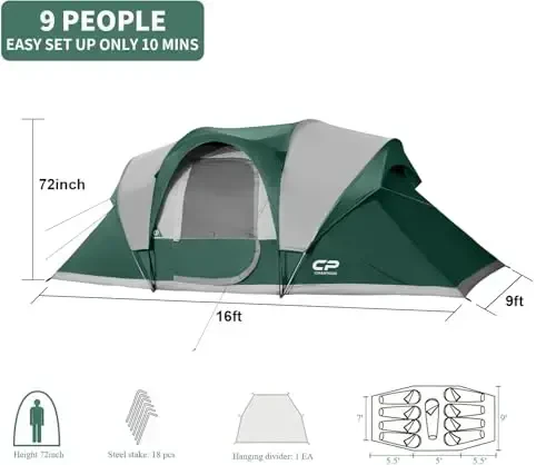 CAMPROS CP Camping Tent 10 Person Family Cabin Tent, 2 Room Water Resistant Waterproof Tent with Top Rainfly, 4 Large Mesh Windows, Double Layer, Easy Set Up, Portable with Carry Bag, 16ft x 9ft x72in - CAMPROS CP (1)