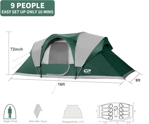 CAMPROS CP Camping Tent 10 Person Family Cabin Tent, 2 Room Water Resistant Waterproof Tent with Top Rainfly, 4 Large Mesh Windows, Double Layer, Easy Set Up, Portable with Carry Bag, 16ft x 9ft x72in - 2