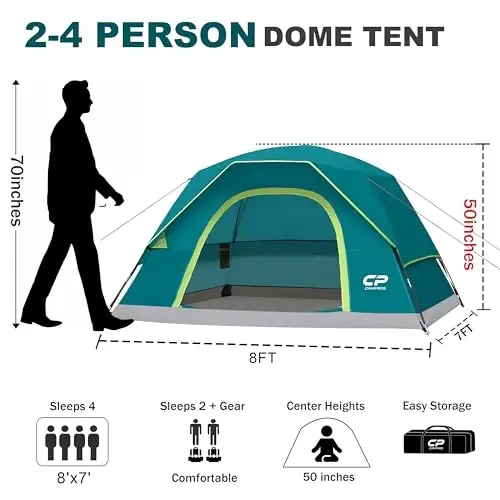 CAMPROS CP Camping Tent 2/4/6 Person, Waterproof Windproof Double Layer Dome Tent, Easy Setup with Large Mesh Windows & Wide Door for Outdoor Camping Backyard 