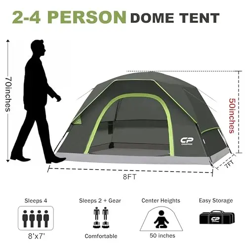 CAMPROS CP Camping Tent 2/4/6 Person, Waterproof Windproof Double Layer Dome Tent, Easy Setup with Large Mesh Windows & Wide Door for Outdoor Camping Backyard 