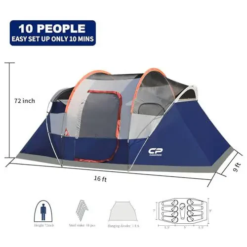 CAMPROS CP Tent 9 Person Camping Tents, 2 Room Water Resistant Family Tent with Top Rainfly, 4 Large Mesh Windows, Double Layer, Easy Set Up, Portable with Carry Bag - 1