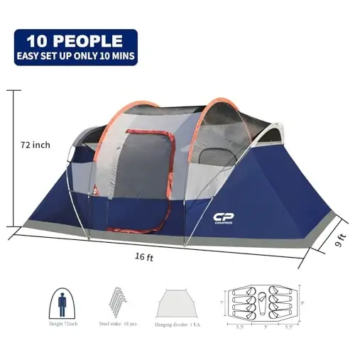 CAMPROS CP Tent 9 Person Camping Tents, 2 Room Water Resistant Family Tent with Top Rainfly, 4 Large Mesh Windows, Double Layer, Easy Set Up, Portable with Carry Bag - 1